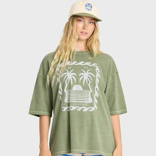 Billabong Wave Stamp Tee in Army Green — boxy fit crewneck with screen print graphic and metal logo plate in 100% cotton jersey knit

