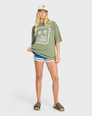 Billabong Wave Stamp Tee in Army Green — boxy fit crewneck with screen print graphic and metal logo plate in 100% cotton jersey knit

