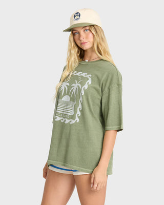 Billabong Wave Stamp Tee in Army Green — boxy fit crewneck with screen print graphic and metal logo plate in 100% cotton jersey knit

