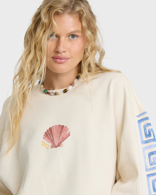Billabong Carnival Kendal Crewneck Sweatshirt in White Cap — brushed fleece, oversized fit, vintage screen print graphic, long sleeves