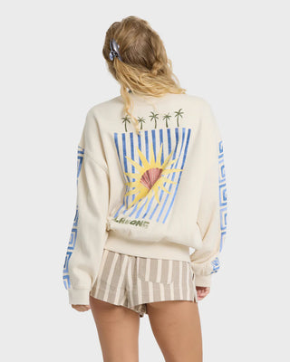 Billabong Carnival Kendal Crewneck Sweatshirt in White Cap — brushed fleece, oversized fit, vintage screen print graphic, long sleeves
