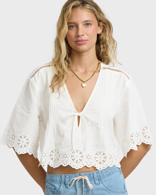 Billabong Light and Airy Short Sleeve Cotton Blouse in Salt Crystal — 100% cotton poplin, eyelet lace border, pintuck detail, self-tie front, floaty fit
