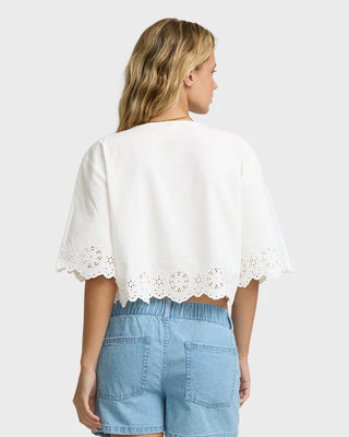 Billabong Light and Airy Short Sleeve Cotton Blouse in Salt Crystal — 100% cotton poplin, eyelet lace border, pintuck detail, self-tie front, floaty fit