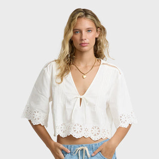 Billabong Light and Airy Short Sleeve Cotton Blouse in Salt Crystal — 100% cotton poplin, eyelet lace border, pintuck detail, self-tie front, floaty fit