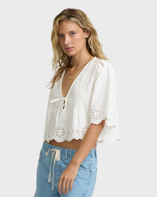 Billabong Light and Airy Short Sleeve Cotton Blouse in Salt Crystal — 100% cotton poplin, eyelet lace border, pintuck detail, self-tie front, floaty fit