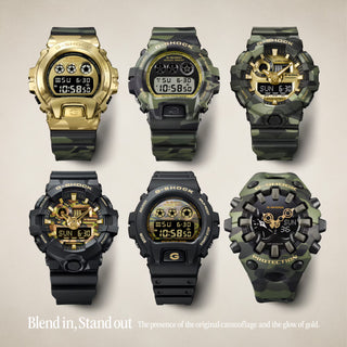 "G-Shock GM6900CMG-3 Bold Camo Gold Watch — gold-colored metal bezel, gold dial, camo printed band with hidden G-mark, classic 6900 silhouette"