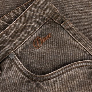 Dime sandblasted brown baggy denim pants with western front pockets, wavy back pockets, and embroidered accents.