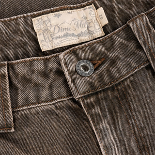 Dime sandblasted brown baggy denim pants with western front pockets, wavy back pockets, and embroidered accents.