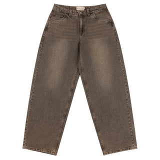 Dime sandblasted brown baggy denim pants with western front pockets, wavy back pockets, and embroidered accents.