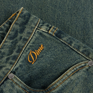 Dime Baggy Denim Pants in Sandblasted Pine with wavy back pockets and embroidered logos.
