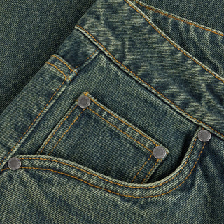 Dime Baggy Denim Pants in Sandblasted Pine with wavy back pockets and embroidered logos.