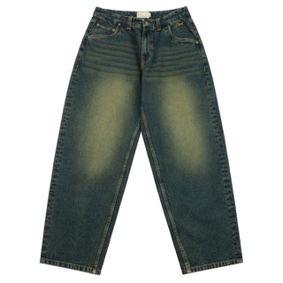 Dime Baggy Denim Pants in Sandblasted Pine with wavy back pockets and embroidered logos.