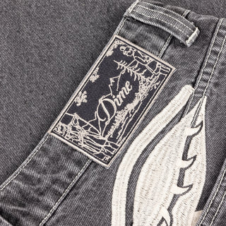 Dime Baggy Wink Denim Pants in Faded Black — 100% cotton with western pockets, wavy patch back pockets, logo embroidery, King Tut printed pocket bags, and embroidered waistband patch