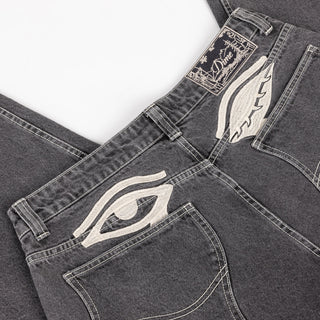 Dime Baggy Wink Denim Pants in Faded Black — 100% cotton with western pockets, wavy patch back pockets, logo embroidery, King Tut printed pocket bags, and embroidered waistband patch