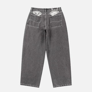 Dime Baggy Wink Denim Pants in Faded Black — 100% cotton with western pockets, wavy patch back pockets, logo embroidery, King Tut printed pocket bags, and embroidered waistband patch