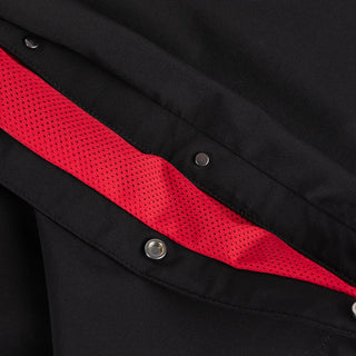 Dime Athletic Snap Pants in Black/Red — polyester/spandex blend with snap side seam plackets, integrated pockets, contrast mesh lining, 3M branding, cinched leg openings, and elasticated speckled drawstring waistband