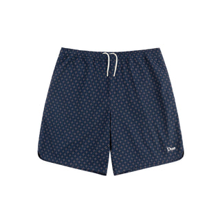 Navy print shorts with elastic waistband, drawstrings, and embroidered logo on the knee.