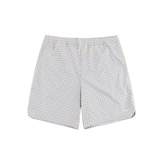 Off white printed shorts with elastic waistband, internal drawstrings, and embroidered logo.