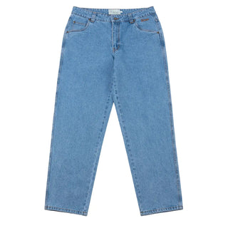 Blue washed relaxed denim pants with front coin pocket and embroidered logo on the back.