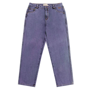 Stone purple relaxed denim pants with logo embroidery and wave patch pockets.