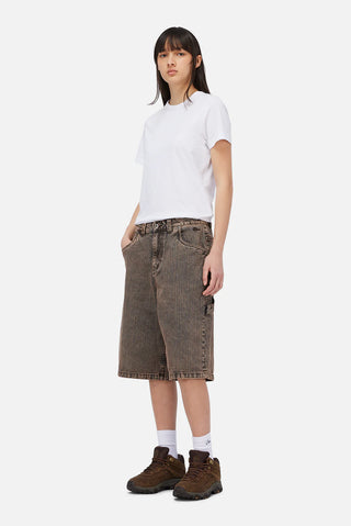Brown Dime denim shorts with embroidered logo, classic fit, and wavy back pockets
