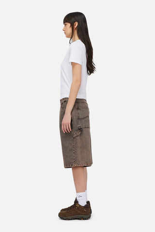 Brown Dime denim shorts with embroidered logo, classic fit, and wavy back pockets
