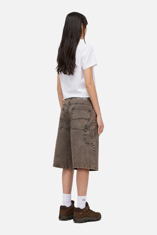 Brown Dime denim shorts with embroidered logo, classic fit, and wavy back pockets
