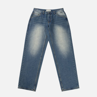 Sandblasted indigo Dime relaxed denim pants with faded wash, straight leg fit, and subtle embroidered branding.
