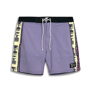 Purple shorts with colorful side panels on a white background