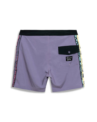 Purple shorts with black waistband and colorful side panels on a white background