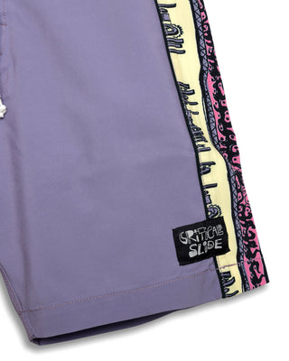 Purple shorts with colorful side strip and brand label on a white background