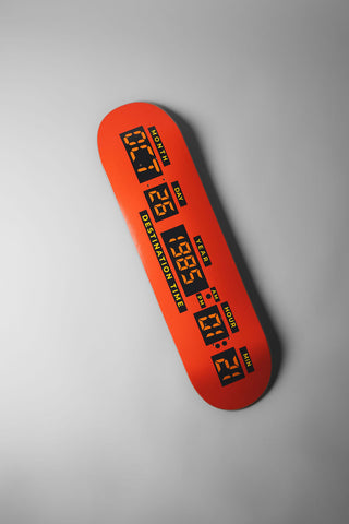 Drift House 8.5" Back in Time skateboard deck featuring October 26, 1985 time-travel design inspired by Back to the Future.