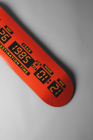 Drift House 8.5" Back in Time skateboard deck featuring October 26, 1985 time-travel design inspired by Back to the Future.