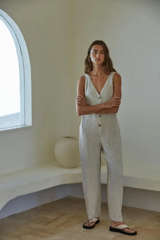 Elegant By Together Lindsey Jumpsuit in woven fabric, V-neck design, viscose and linen blend, available at Drift House.