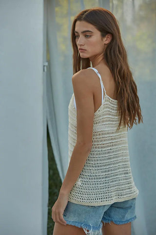 By Together Aimee crochet beaded top, natural color, cotton-acrylic blend, intricate detailing, elegant design.