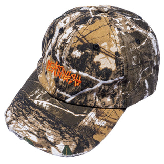 Deathwish Manny Real Tree Dad Hat in Camo with six-panel construction, a distressed finish, and embroidered detailing.
