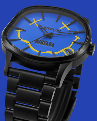 Nixon watch with Nirvana design on a blue face