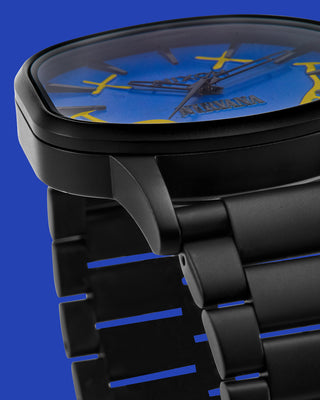 Nixon watch with Nirvana design on a blue face