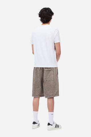 Person wearing a white t-shirt and brown shorts on a white background