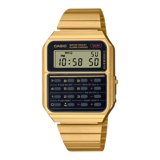 Casio Vintage Gold Calculator Watch CA500WEG-1AVT, retro design, 8-digit calculator, stopwatch, alarm, stylish and functional.