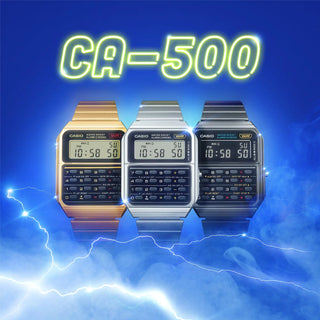 Casio Vintage Gold Calculator Watch CA500WEG-1AVT, retro design, 8-digit calculator, stopwatch, alarm, stylish and functional.