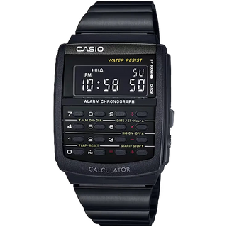 Casio Data Bank CA506B-1AVT black watch with calculator, dual time, stopwatch, and water resistance.