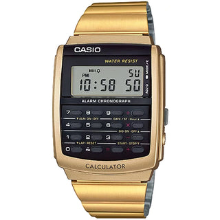 Casio Data Bank CA506G-9AVT gold calculator watch with dual time, stopwatch, and water resistance.