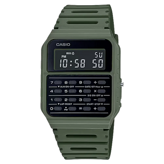 Casio Data Bank CA53WF-3B watch in green with calculator, dual time, stopwatch, and water resistance.