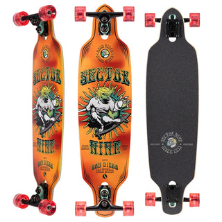 “End view of the Sector 9 9er Mini Fractal showing the layered maple deck, black Gullwing truck, and translucent red wheels.”