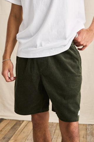 Rhythm Low Tide Cord Jam in Forest, 100% cotton 19.5 inch jam short in forest green with soft cord finish, internal drawstring, and standard Rhythm trims