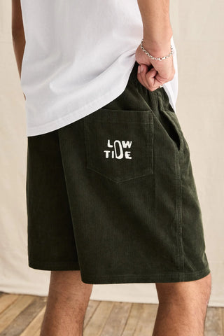 Rhythm Low Tide Cord Jam in Forest, 100% cotton 19.5 inch jam short in forest green with soft cord finish, internal drawstring, and standard Rhythm trims