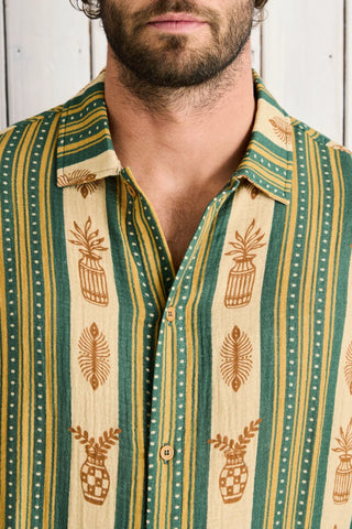 Rhythm Propagate Short Sleeve Buttonup in Aloe, relaxed fit 100% cotton shirt in aloe green with subtle vertical stripe, tortoise shell buttons, and standard Rhythm trims