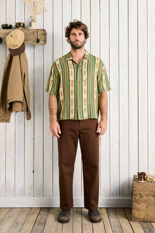 Rhythm Propagate Short Sleeve Buttonup in Aloe, relaxed fit 100% cotton shirt in aloe green with subtle vertical stripe, tortoise shell buttons, and standard Rhythm trims