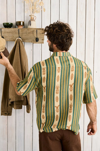 Rhythm Propagate Short Sleeve Buttonup in Aloe, relaxed fit 100% cotton shirt in aloe green with subtle vertical stripe, tortoise shell buttons, and standard Rhythm trims